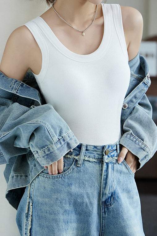 Round Neck Rib Hem Simple Vest - 4 Colors Available - liwisi