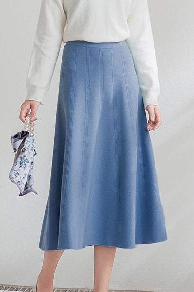 Knit A-Line Flare Long Floral Jacquard Skirt with Elastic Waist - 7 Colors Available - liwisi