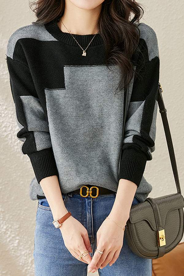 Casual Comfortable Dual-Tone Crew Neck Knit Sweater - liwisi
