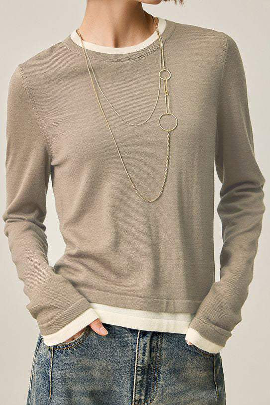 Fake two-piece round-neck knitted sweater - liwisi