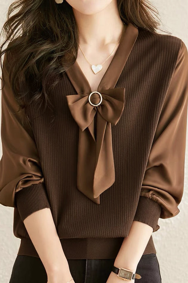V-neck spliced knitted shirt - liwisi