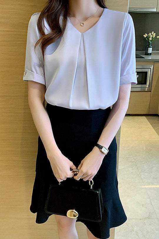 V-Neck Front Tuck-In Short Sleeve Blouse - 2 Colors Available - liwisi