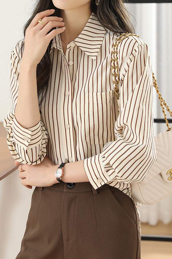Basic Shirt Collar Striped Bi-Color Shirt - liwisi