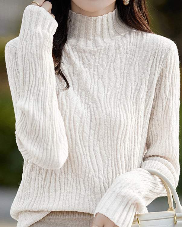 Simple Plain Long Sleeve Round Neck Ruffled Inner Knit - 8 Colors Available - liwisi