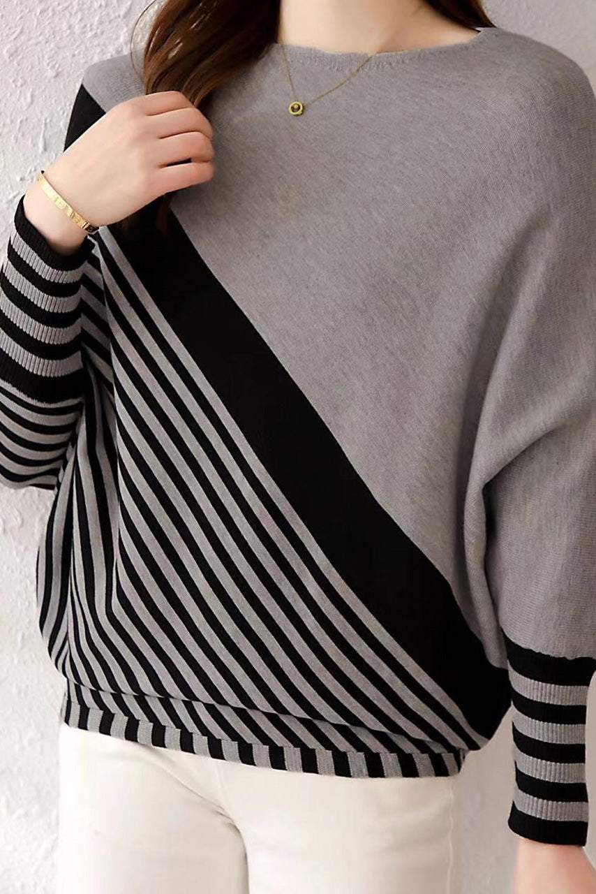 Round Neck Drop Shoulder Striped Contrast Knit - 5 Colors Available - liwisi