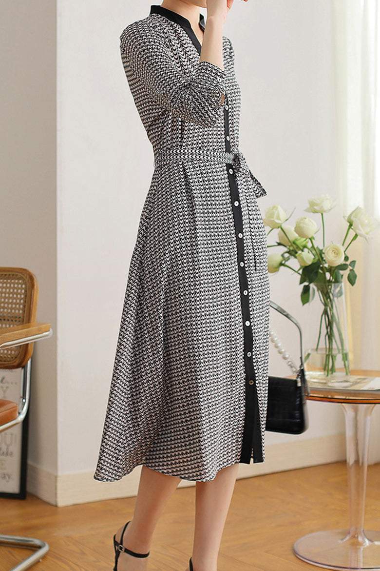 Skipper Collar Printed Tie-Belted Dress with Lining - liwisi