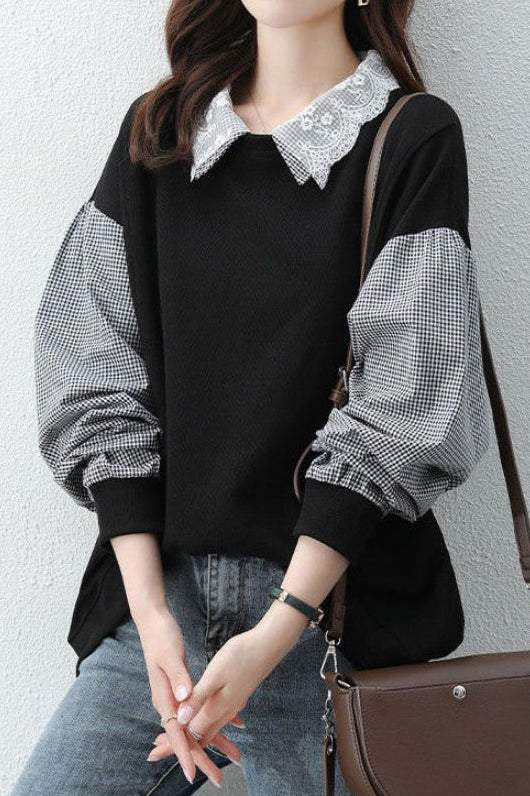 Mixed Material Chelsea Collar Embroidered Lace Decor Sweatshirt - 3 Colors Available - liwisi