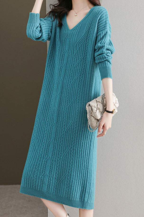 Simple and Comfortable Long Jacquard Knit Dress in 2 Colors - liwisi