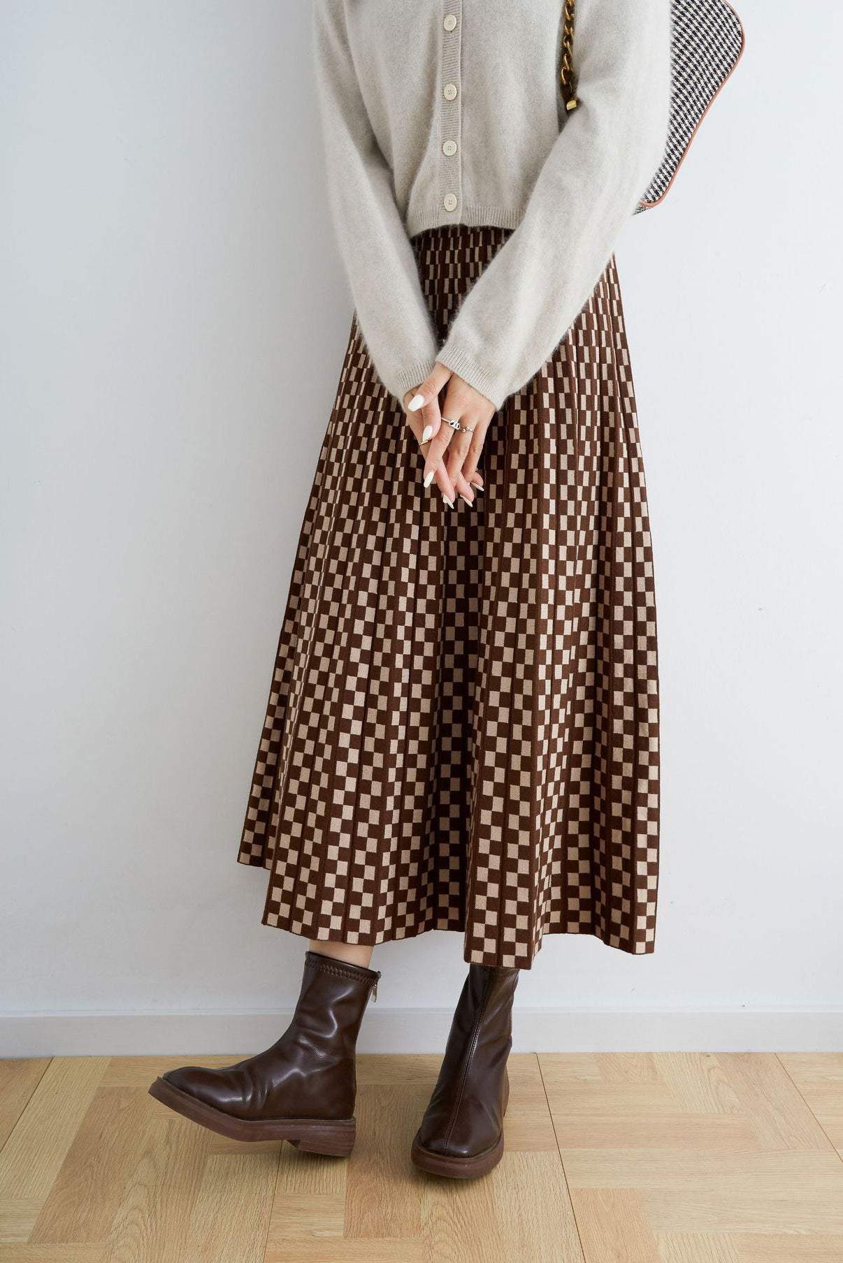 ブロックチェックロングプリーツニットスカート 3色入 - liwisi