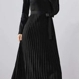 Bottle Neck Pleated Docking Knit Dress - 2 Colors Available - liwisi
