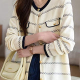 Elegant Round Neck Long Sleeve Striped Cardigan - 4 Colors Available - liwisi