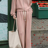 Two-Piece Set: Tall Collar Rib Hem Zip-Up Knit Cardigan + Drawstring Long Knit Pants - 3 Colors Available - liwisi