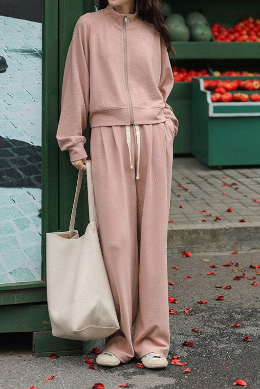 Two-Piece Set: Tall Collar Rib Hem Zip-Up Knit Cardigan + Drawstring Long Knit Pants - 3 Colors Available - liwisi