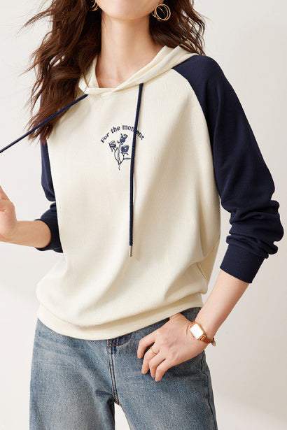 Cuffed Bi-Color Embroidered Drawstring Hooded Sweatshirt - liwisi