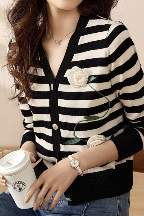 French Stripe V-Neck Light Knit with Camellia Embroidery - liwisi
