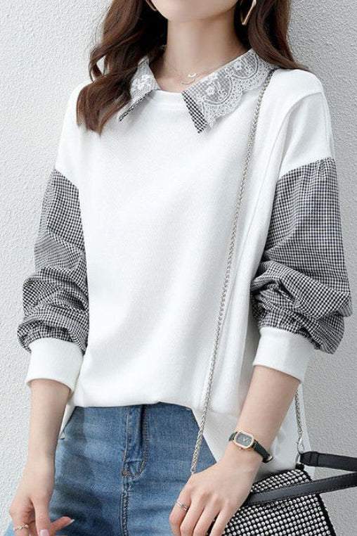 Mixed Material Chelsea Collar Embroidered Lace Decor Sweatshirt - 3 Colors Available - liwisi