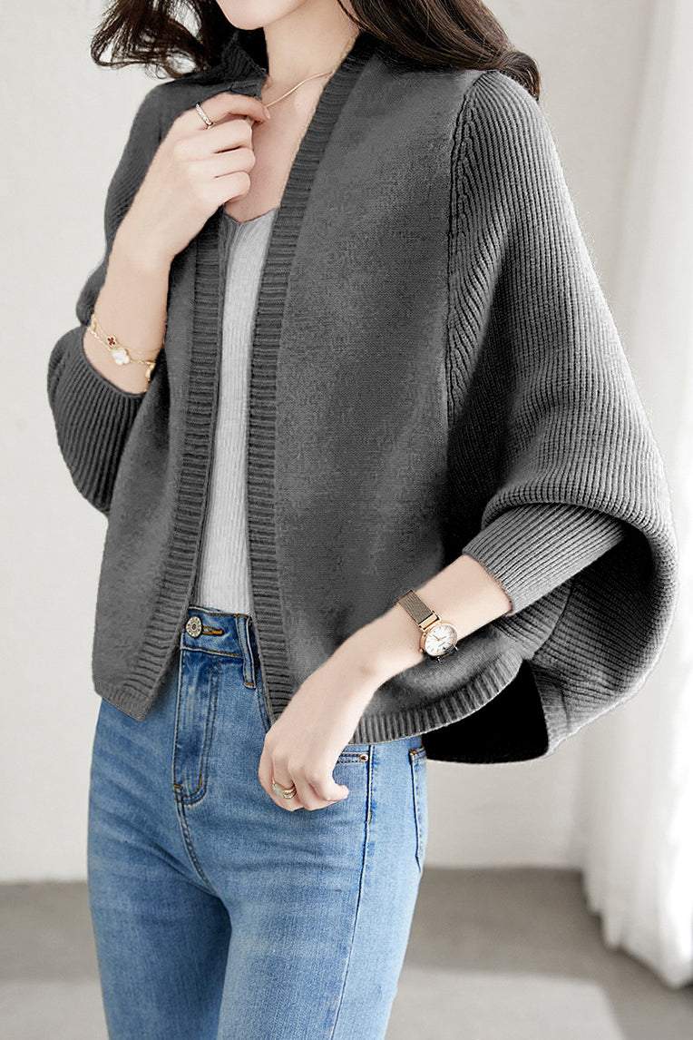 Plain Batwing Sleeve Hooded Knit Cardigan - liwisi