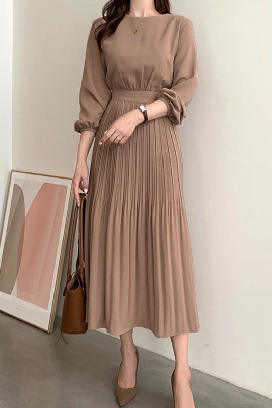 Round Neck Pleated Contrast Long Flare Dress - 4 Colors Available - liwisi