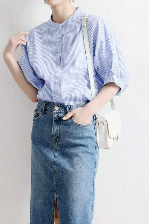 Band Collar Striped Puff Blouse - 2 Colors Available - liwisi