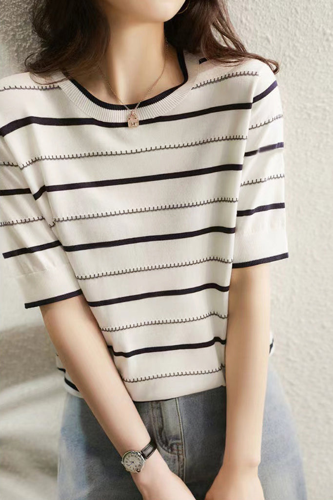 Striped Ice Silk Knit Short Sleeve T-shirt - liwisi
