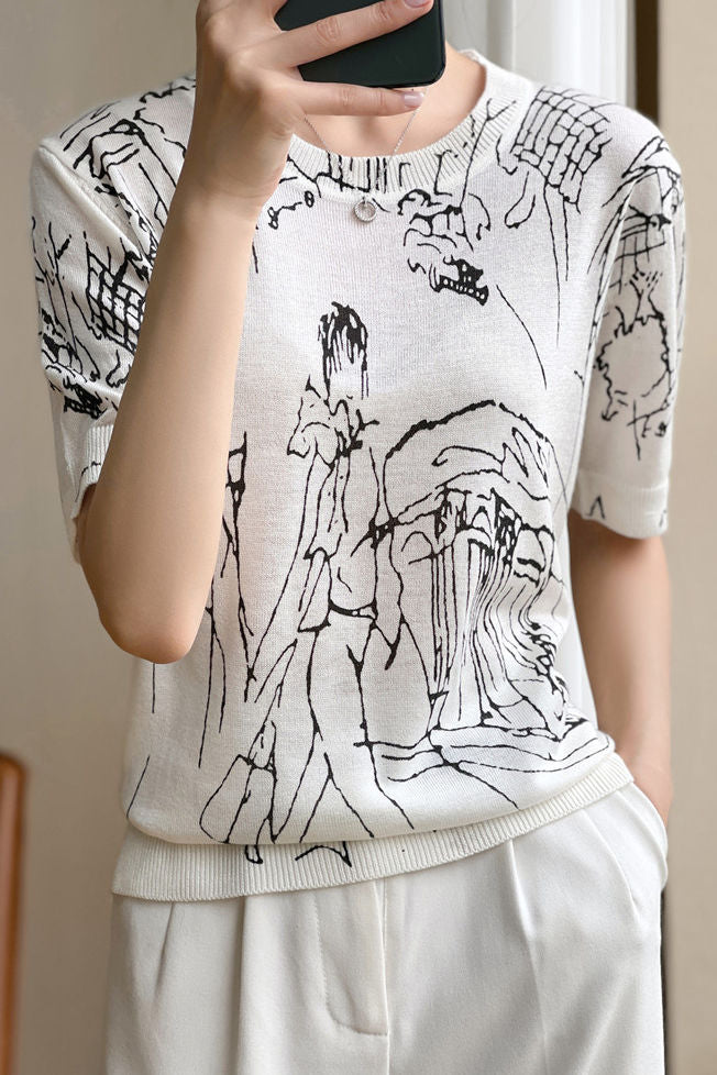 Loose printed knit T-shirt - liwisi
