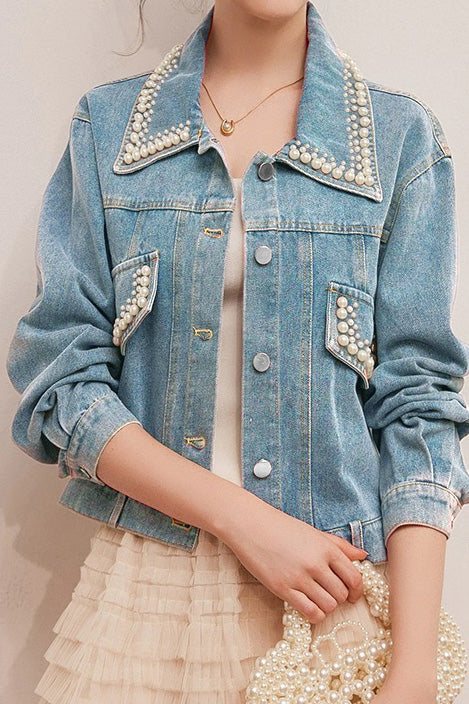 Elegant Pearl Beaded Denim Jacket - liwisi