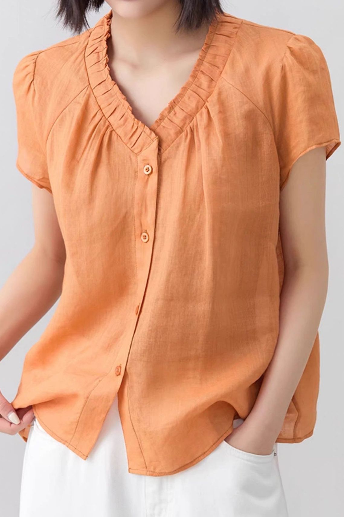 Casual V-neck gathered loose shirt. - liwisi