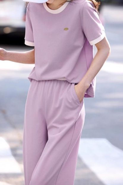 Casual color-block short-sleeve long pants two-piece set. - liwisi