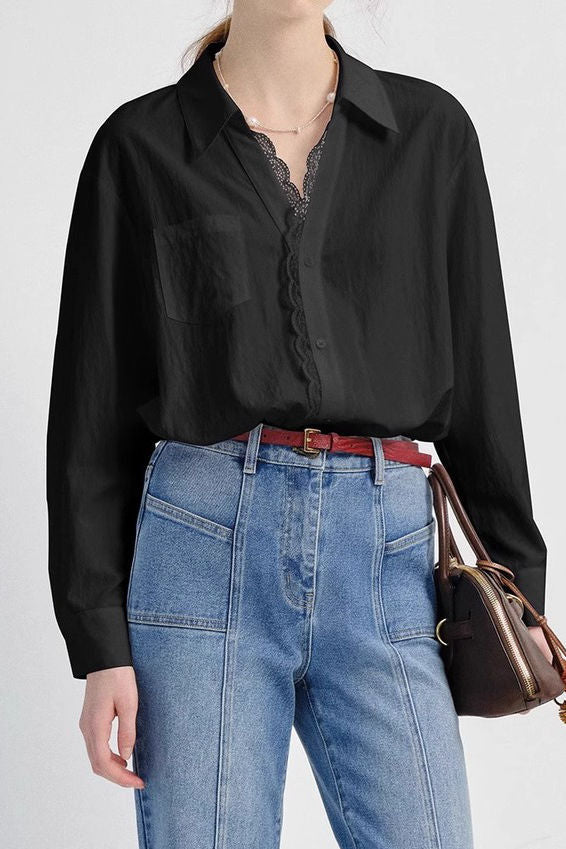 Early Autumn French-Style Lace-Trimmed Long-Sleeve Shirt - liwisi