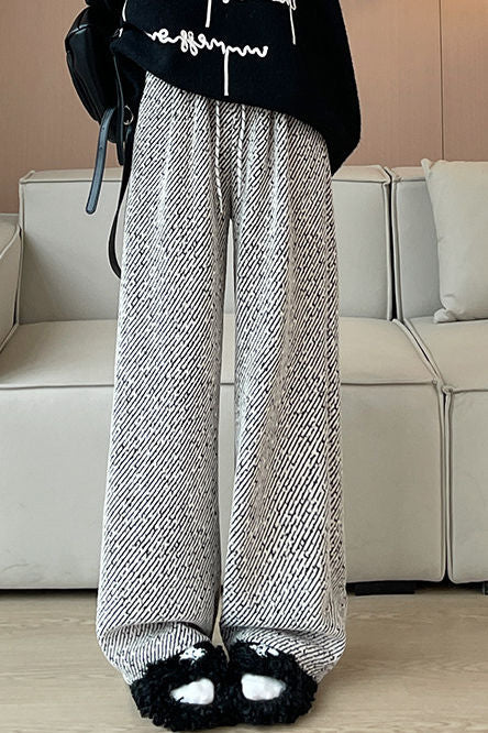 Lazy Relaxed Diagonal Striped Fleece-Lined Wide-Leg Pants - liwisi