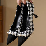 Elegant Houndstooth Pearl High Heels - liwisi