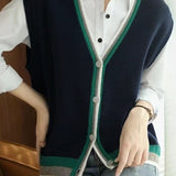 Casual Versatile Sleeveless Color-Block Knitted Cardigan Vest - liwisi