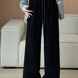 Lazy Relaxed Diagonal Striped Fleece-Lined Wide-Leg Pants - liwisi