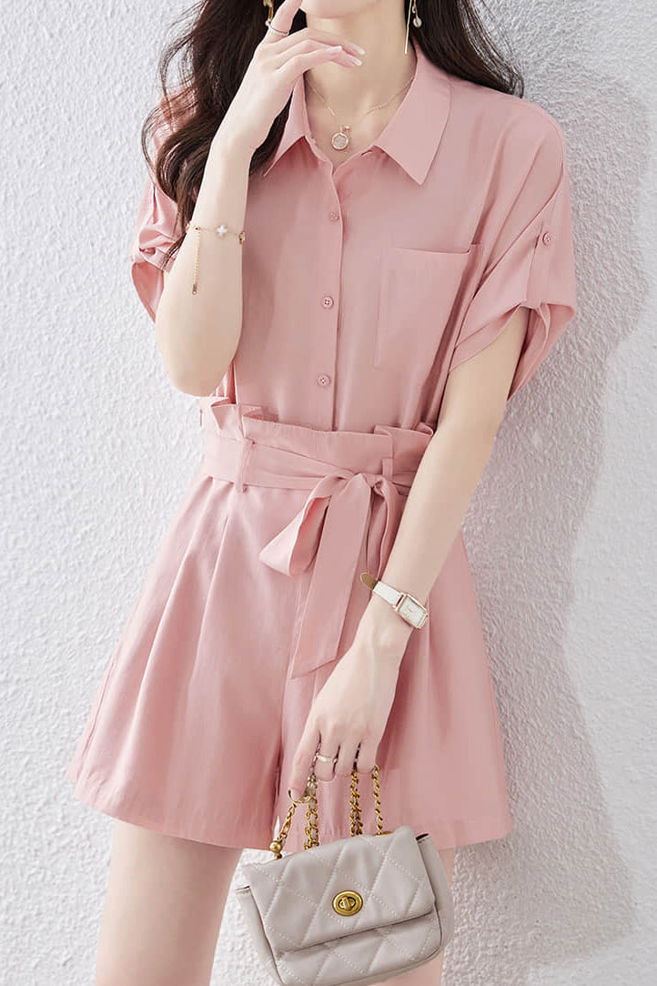 Button-up short sleeve shirt with waist tie pleated shorts set - liwisi
