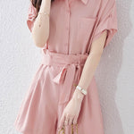 Button-up short sleeve shirt with waist tie pleated shorts set - liwisi