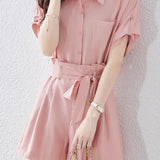 Button-up short sleeve shirt with waist tie pleated shorts set - liwisi