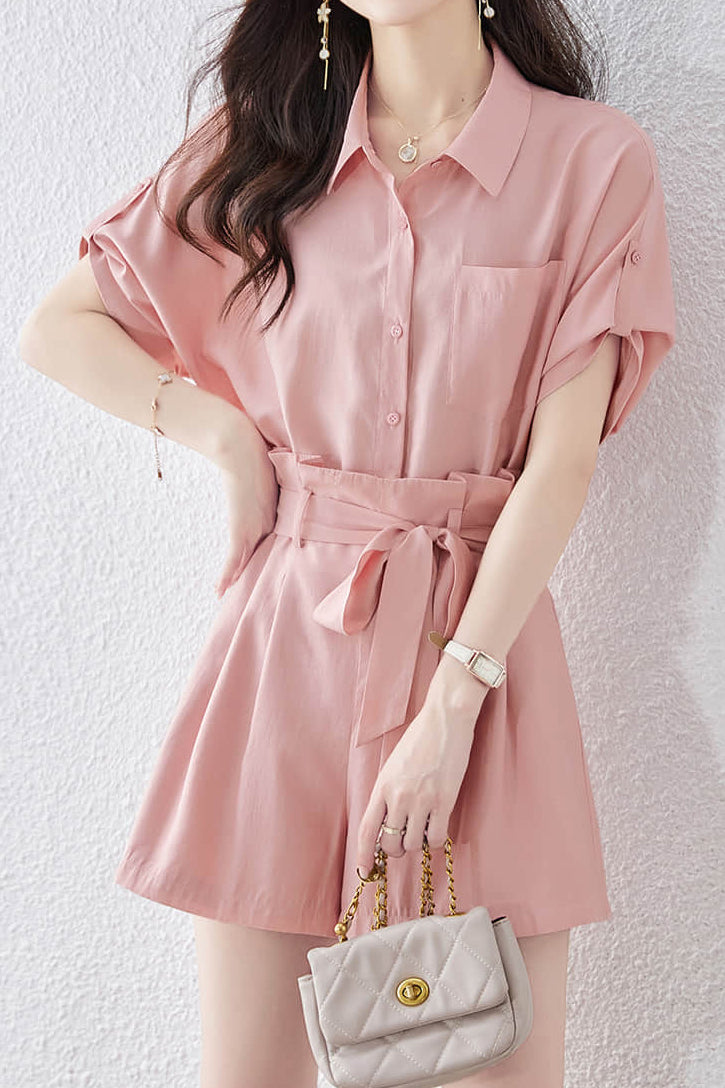 Button-up short sleeve shirt with waist tie pleated shorts set - liwisi