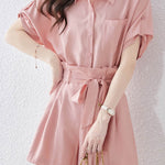 Button-up short sleeve shirt with waist tie pleated shorts set - liwisi