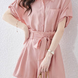 Button-up short sleeve shirt with waist tie pleated shorts set - liwisi