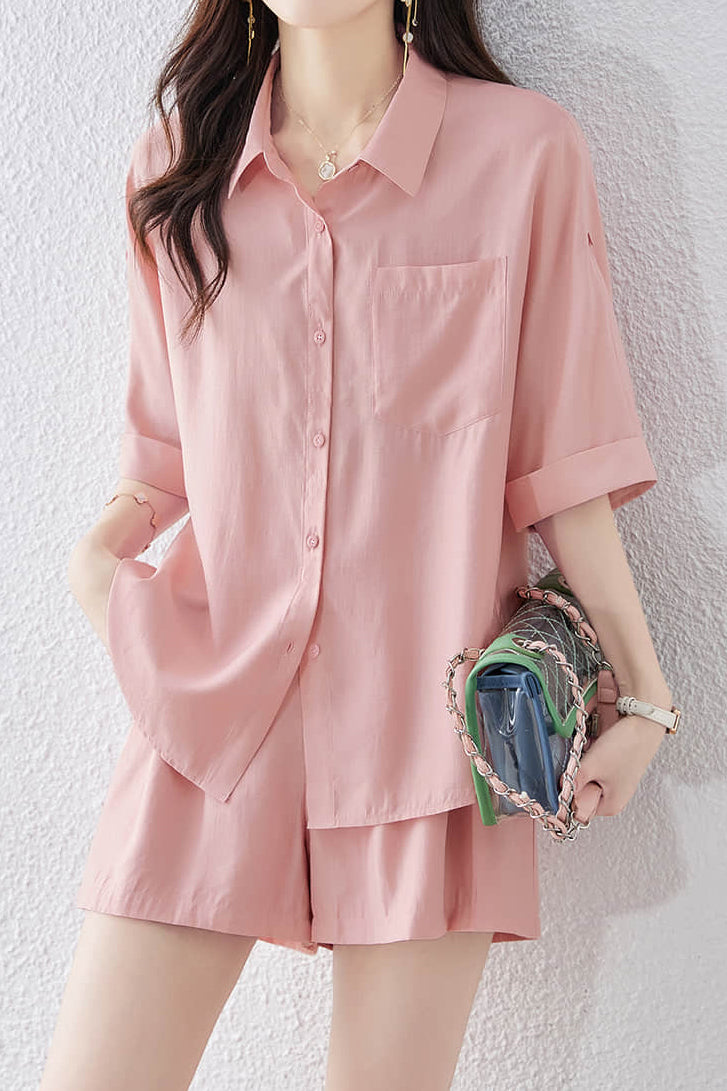 Button-up short sleeve shirt with waist tie pleated shorts set - liwisi