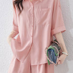 Button-up short sleeve shirt with waist tie pleated shorts set - liwisi