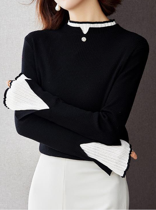 Faux two-piece half-turtleneck knitted top - liwisi