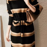 Half Turtleneck Striped Knitted Dress - liwisi