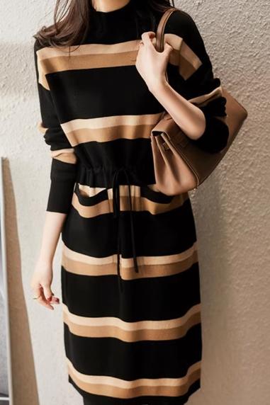Half Turtleneck Striped Knitted Dress - liwisi