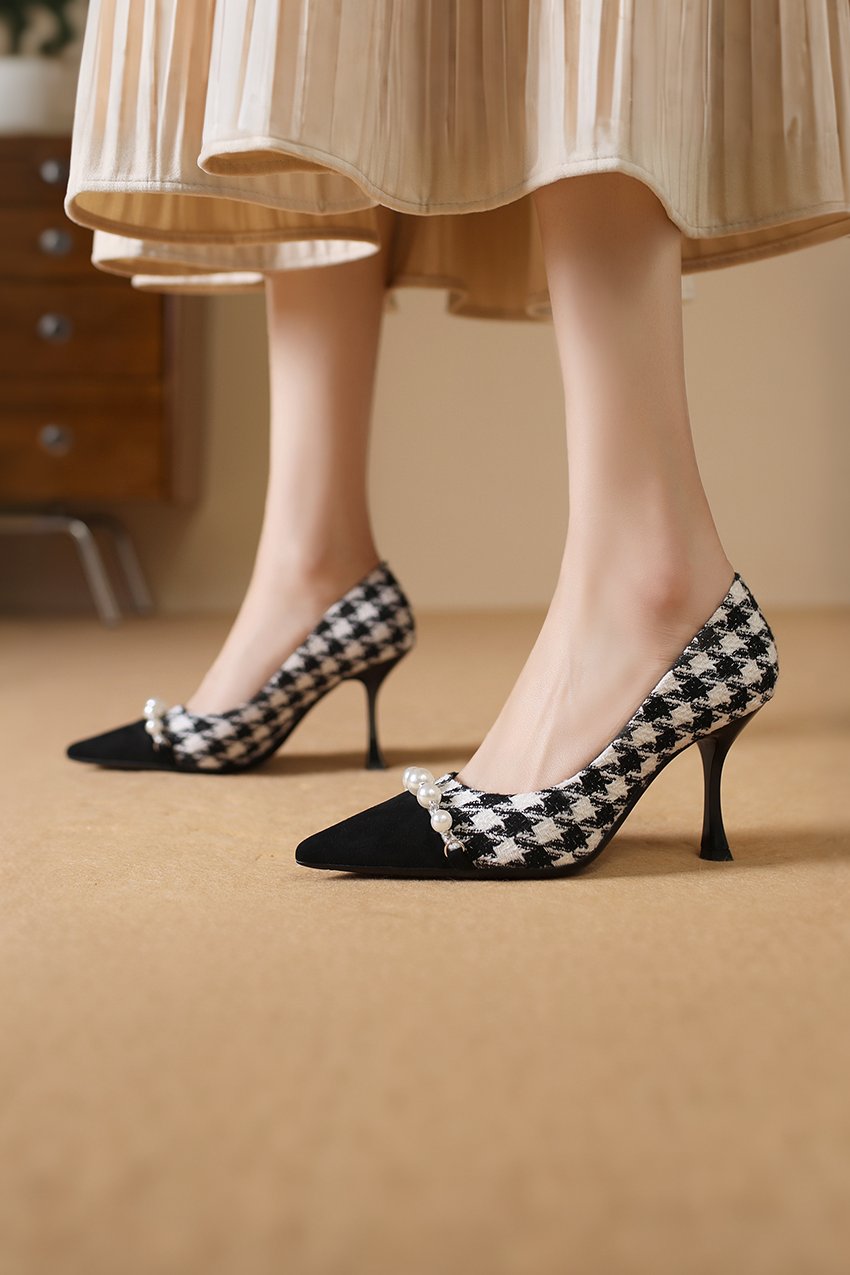 Elegant Houndstooth Pearl High Heels - liwisi