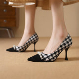Elegant Houndstooth Pearl High Heels - liwisi