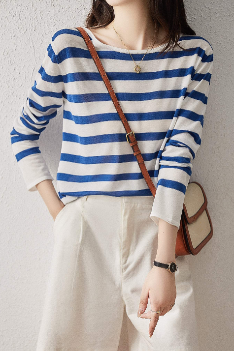 Round Neck Border Long - Sleeve T - Shirt - liwisi