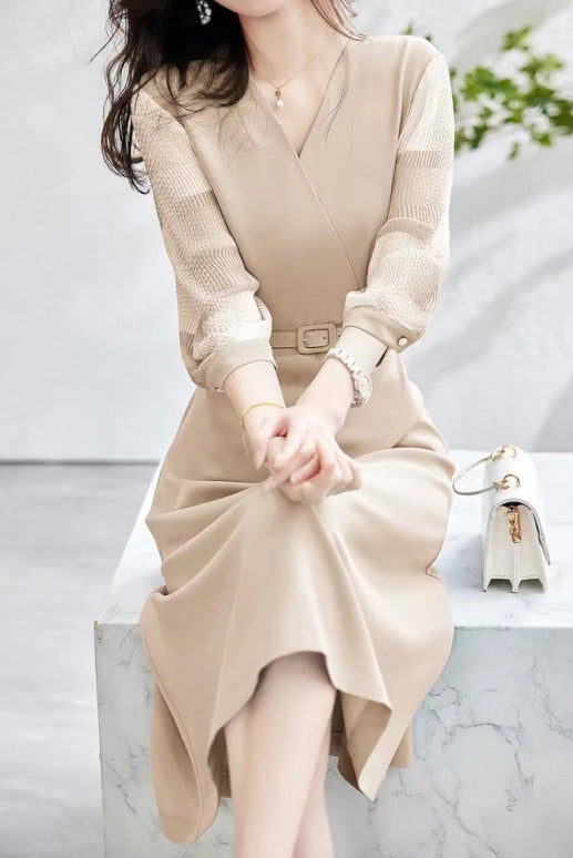 異素材シアーチェック切替カシュクールベルトロングワンピース 2色入 - liwisi