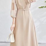 異素材シアーチェック切替カシュクールベルトロングワンピース 2色入 - liwisi