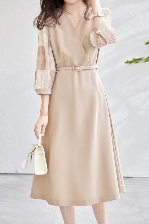 異素材シアーチェック切替カシュクールベルトロングワンピース 2色入 - liwisi